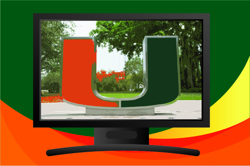 Computer with U statue background in front of Cane Kickoff color scheme